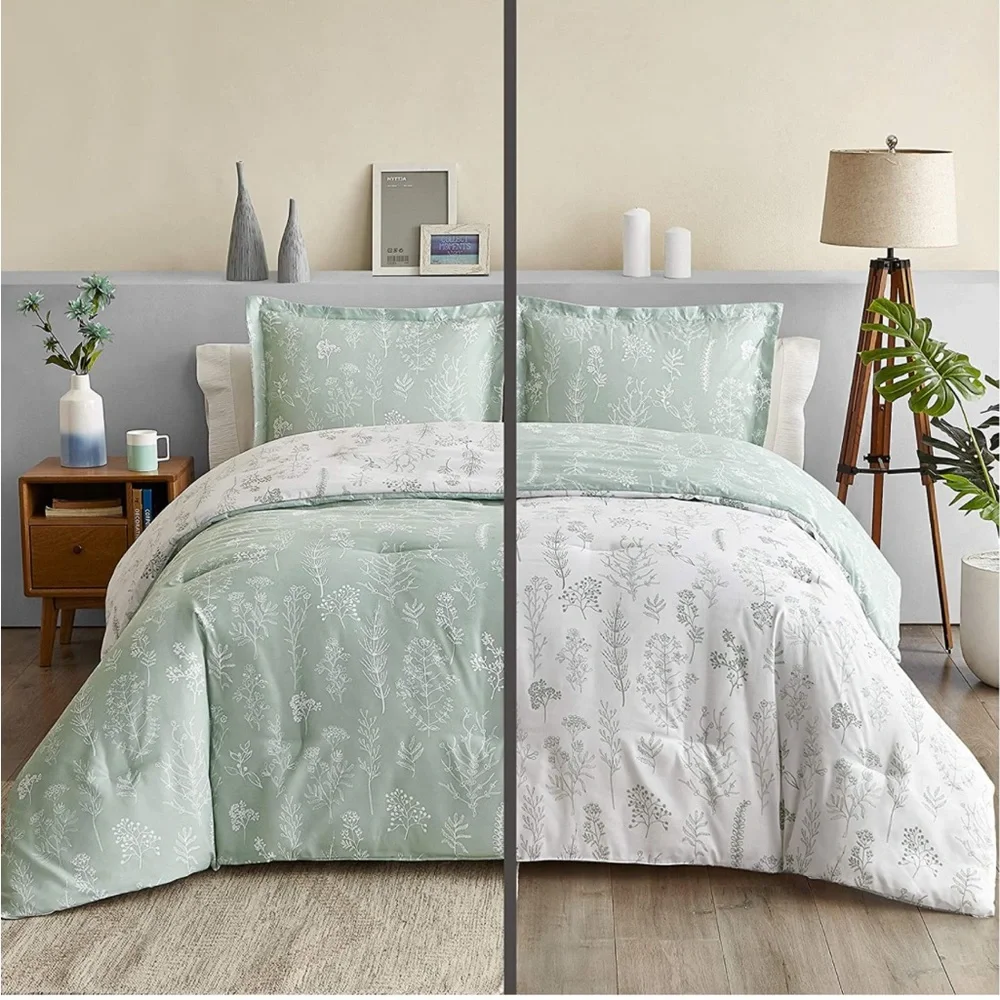BEDSURE Twin Comforter - Sage Green Reversible Floral Design